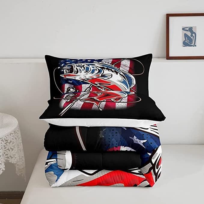 Fishing Comforter King Bass Fish American Flag Bedding Set Farmhouse Pike Fishing Comforter Set for Kids Boys Girls Teens Room Wild Fish Decor Red Blue Stripe Quilt Down Comforter Boys - LeafyLoom