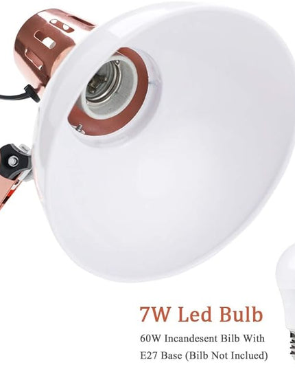 Metal Swing Arm Desk Lamps, Adjustable and Flexible,Feading with Base and Clip 2-in-1 Function, Fit E26&E27 Bulbs Base, Application in Bedroom Living Room, Office Home (White+Rose Gold) - LeafyLoom