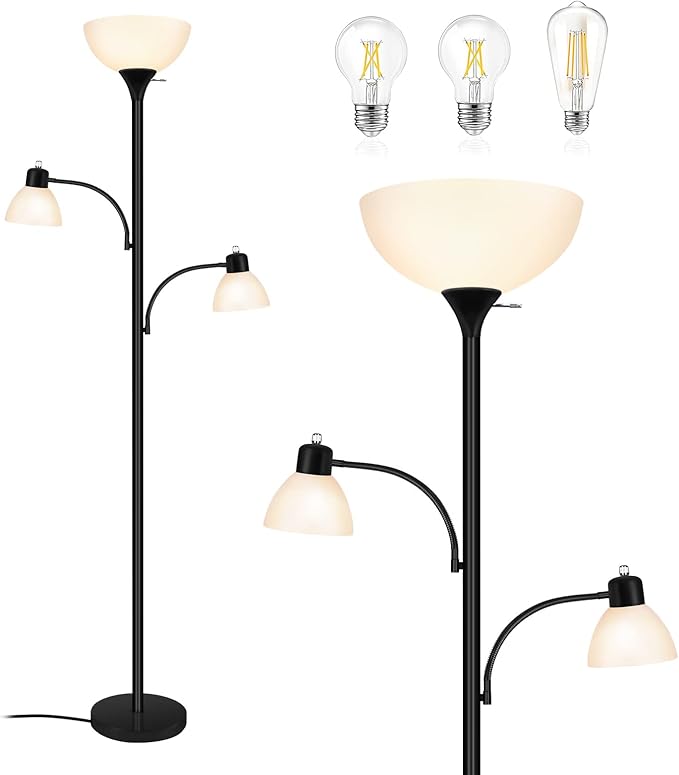 Luvkczc Floor Lamps for Living Room,Torchiere Floor Lamp with 8W Adjustable Reading Lights, Industrial Tall Lamps for Living Room, Bedroom, Office, 3 Bulbs Included - LeafyLoom