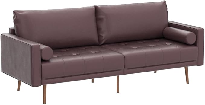 Vonanda Faux Leather Sofa Couch, Mid-Century 73 Inch 3 Seater Leather Couch with Wood Grain Metal Legs and Bolster Pillows for Living Room,Elegant Brown - LeafyLoom