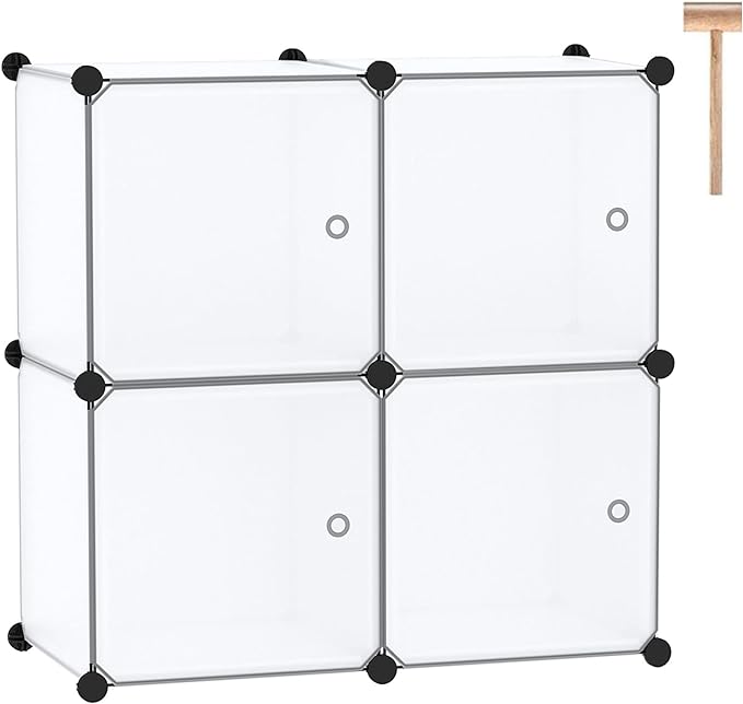 C&AHOME Cube Storage Organizer with Doors, 4-Cube Shelves, Closet Cabinet, DIY Plastic Modular Bookshelf Ideal for Bedroom, Living Room, 24.8" L x 12.4" W x 24.8" H White USHS04W-DOOR - LeafyLoom