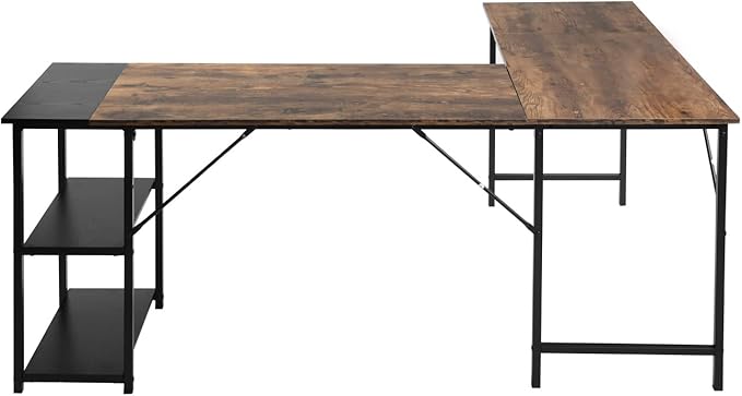 FurnitureR L-Shaped 58.3''Corner Computer Desk with Storage Shelf Long Gaming Desk for Home Office PC Workstation Saving Space Laptop Table (Brown and Black) - LeafyLoom