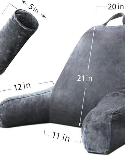 Shredded Foam Reading Pillow with Detachable Neck Roll & Big Bed Backrest Pillow for Bed with Arms and Side Pocket - Perfect for Back Support While Relaxing, Gaming,or Reading - LeafyLoom