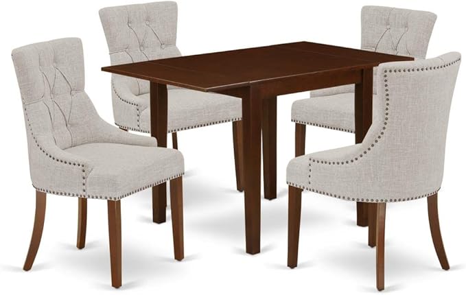 East West Furniture NDFR5-MAH-05 Norden 5 Piece Dinette Set Includes a Rectangle Dining Room Table with Dropleaf and 4 Doeskin Linen Fabric Upholstered Parson Chairs, 30x48 Inch - LeafyLoom