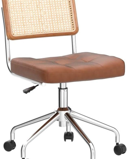 Zesthouse Mid Century Home Office Chair Leather Desk Chair with Rattan Back, Vanity Chair for Girls Women, Upholstered Swivel Chair, Adjustable Height Computer Task Chair - LeafyLoom