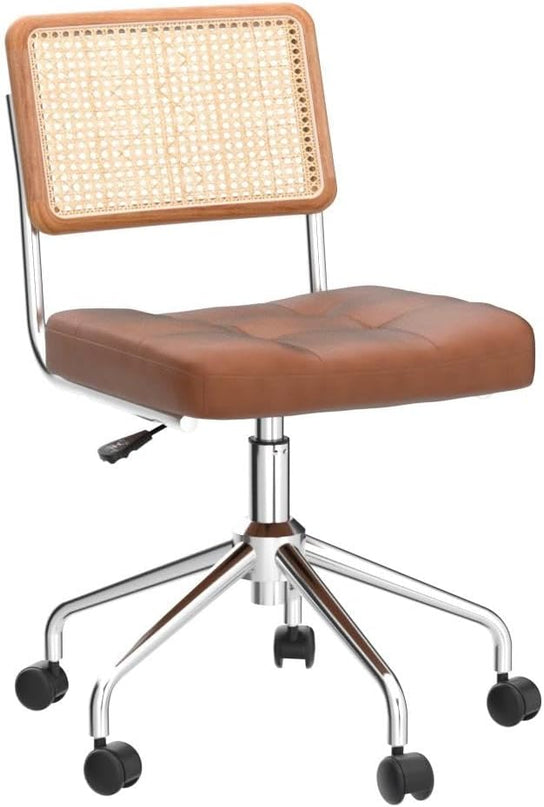 Zesthouse Mid Century Home Office Chair Leather Desk Chair with Rattan Back, Vanity Chair for Girls Women, Upholstered Swivel Chair, Adjustable Height Computer Task Chair - LeafyLoom