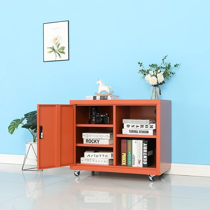 Metal Mobile Lateral File Cabinet, Storage Locker,Printer Stand with Open Storage Shelves for Office,School,Home,Living Room. (Orange) - LeafyLoom