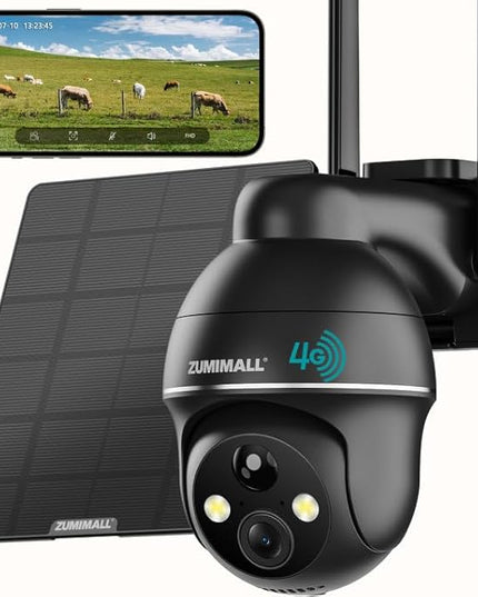 ZUMIMALL 4G LTE Cellular Solar Security Camera Wireless Outdoor, 2K No WiFi Security Camera Solar Powered with Color Night Vision, 2-Way Talk, Motion Alert, Cloud, SIM Included（US Version） ZUMIMALL