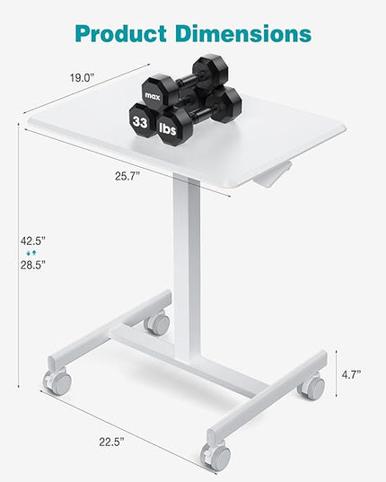 edx Small Mobile Rolling Standing Desk - Overbed Table, Teacher Podium with Wheels, Adjustable Height Table, Rolling Desk Laptop Computer Cart for Home, Office, Classroom, White - LeafyLoom