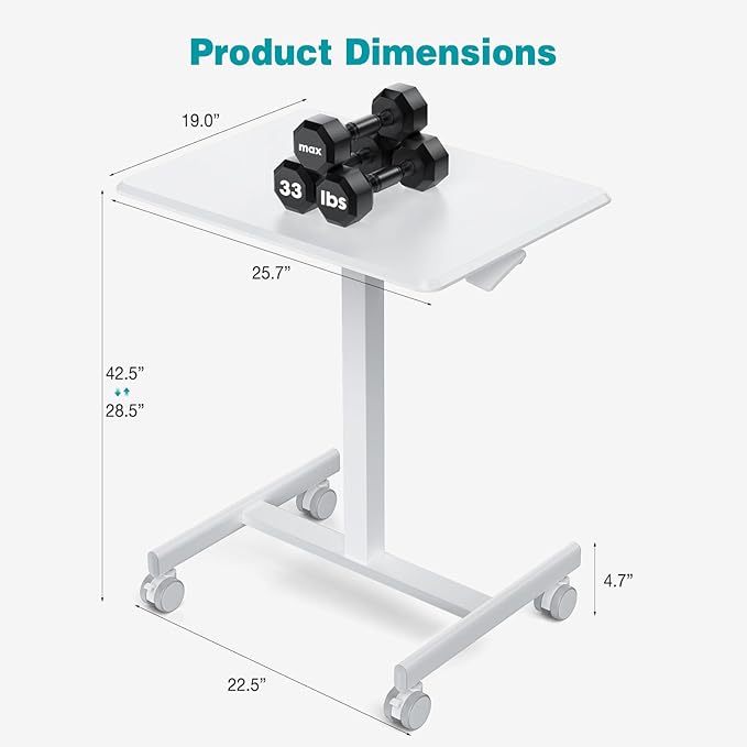 edx Small Mobile Rolling Standing Desk - Overbed Table, Teacher Podium with Wheels, Adjustable Height Table, Rolling Desk Laptop Computer Cart for Home, Office, Classroom, White - LeafyLoom