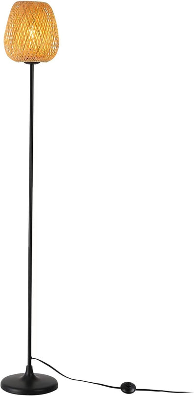 Japanese Style Bamboo Floor Lamp Rattan Handwoven Modern Standing Lighting Black Metal Legs Industrial Vintage Farmhouse Tall Floor Light Fixture for Living Room, Bedroom,Office Without E26 Bulb - LeafyLoom