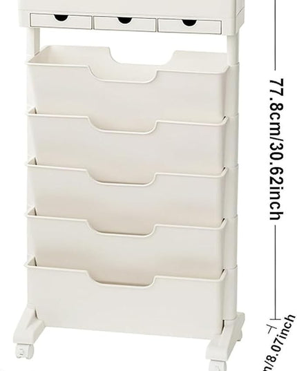 6 Tier Rolling Cart,Open Bookcase and Bookshelf,Mobile Bookshelf with Wheels 3 Drawer,Storage Shelving Display Shelves,Narrow Rolling Storage Cart for Living Room, Bedroom, Kitchen (Off white) - LeafyLoom