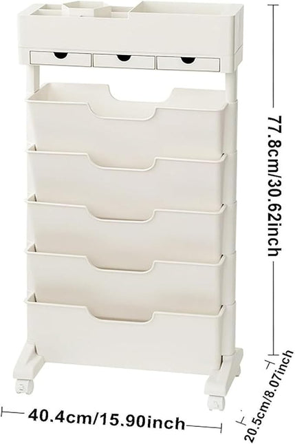 6 Tier Rolling Cart,Open Bookcase and Bookshelf,Mobile Bookshelf with Wheels 3 Drawer,Storage Shelving Display Shelves,Narrow Rolling Storage Cart for Living Room, Bedroom, Kitchen (Off white) - LeafyLoom