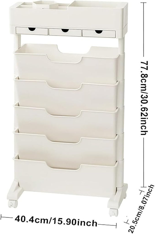 6 Tier Rolling Cart,Open Bookcase and Bookshelf,Mobile Bookshelf with Wheels 3 Drawer,Storage Shelving Display Shelves,Narrow Rolling Storage Cart for Living Room, Bedroom, Kitchen (Off white) - LeafyLoom