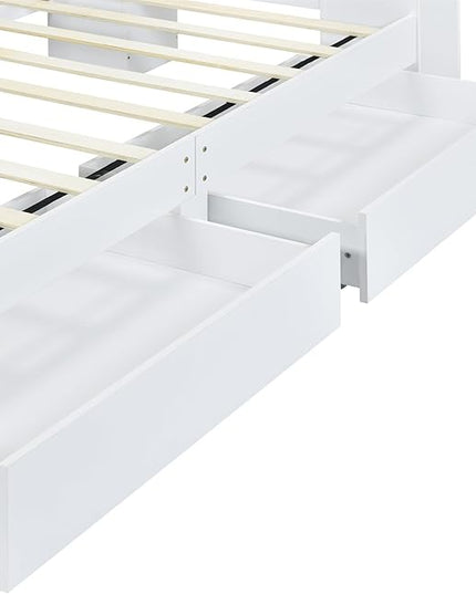 Merax Twin Bed Frame with Shelves and Storage Drawers Underneath,White Twin Size Platform Bed with Headboard and Light - LeafyLoom