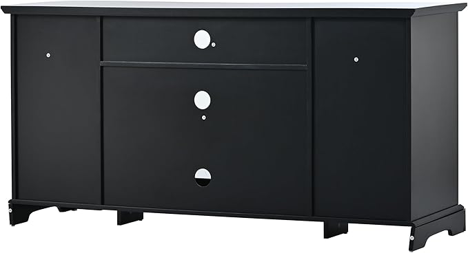 60 Inch TV Stand, Television Stands with 2 Tempered Glass Doors, Adjustable Panels and Open Style Cabinet, Entertainment Center for Living Room and Bedroom, Black - LeafyLoom
