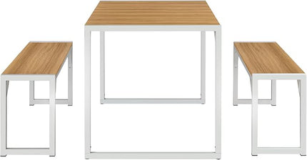 Allewie 3-Piece Kitchen Dining Table Sets with Benches, Sturdy Triangle Structure, Space-Saving, Multifunctional for Dining Room/Living Room/Studio, Maple Brown & White - LeafyLoom