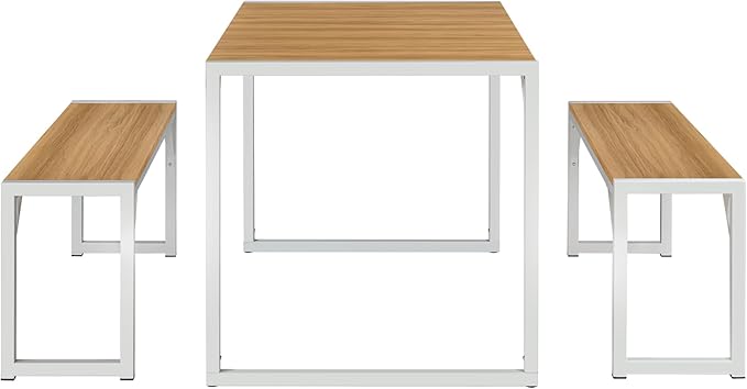 Allewie 3-Piece Kitchen Dining Table Sets with Benches, Sturdy Triangle Structure, Space-Saving, Multifunctional for Dining Room/Living Room/Studio, Maple Brown & White - LeafyLoom