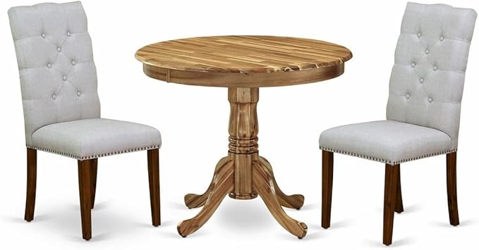 East West Furniture Antique 3 Piece Kitchen Set Contains a Round Dining Room Table with Pedestal and 2 Grey Linen Fabric Parsons Dinette Chairs, 36x36 Inch, Natural - LeafyLoom