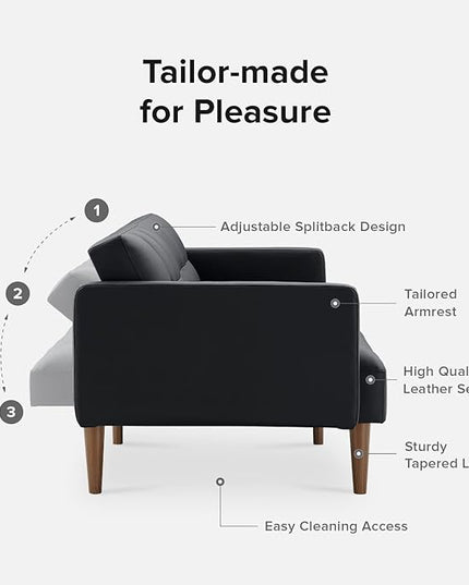 mopio Aaron Couch, Small Sofa, Futon, Sofa Bed, Sleeper Sofa, Loveseat, Mid Century Modern Futon Couch, Sofa Cama, Couches for Living Room, Bedroom (Midnight Black, Faux Leather) - LeafyLoom
