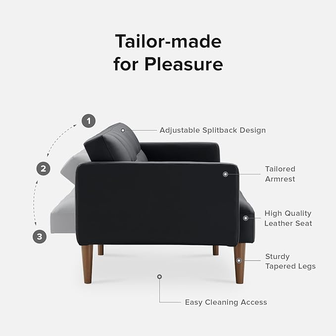 mopio Aaron Couch, Small Sofa, Futon, Sofa Bed, Sleeper Sofa, Loveseat, Mid Century Modern Futon Couch, Sofa Cama, Couches for Living Room, Bedroom (Midnight Black, Faux Leather) - LeafyLoom