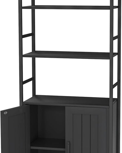 BLack Bookshelf with Doors,70" Tall Bookcase with Storage Cabinet,6 Tier Book Shelf for Living Room/Bedroom/Office/Kitchen,70"(H)*26"(L)*11.8"(W) - LeafyLoom