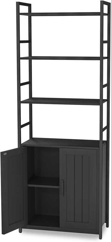 BLack Bookshelf with Doors,70" Tall Bookcase with Storage Cabinet,6 Tier Book Shelf for Living Room/Bedroom/Office/Kitchen,70"(H)*26"(L)*11.8"(W) - LeafyLoom