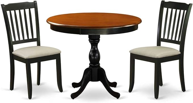 East West Furniture Antique 3 Piece Room Set Contains a Round Kitchen Table with Pedestal and 2 Dining Chairs, 36x36 Inch, AMCL3-BCH-W - LeafyLoom