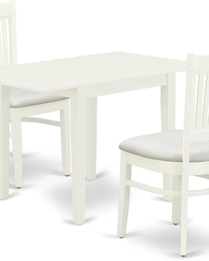 East West Furniture Norden 3 Piece Kitchen Set Contains a Rectangle Dining Room Table with Dropleaf and 2 Fabric Upholstered Chairs, 30x48 Inch, Linen White - LeafyLoom