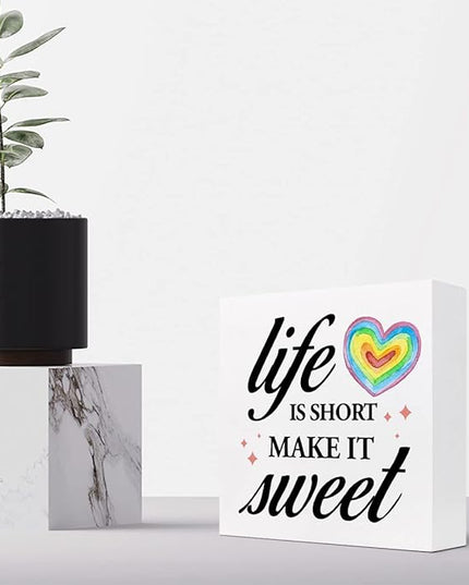 Life Is Short Make It Sweet Sign,Inspirational Quote Wood Box Sign,Motivational Signs Wooden Block Rainbow Decorations for Home Office Shelf Decor - LeafyLoom