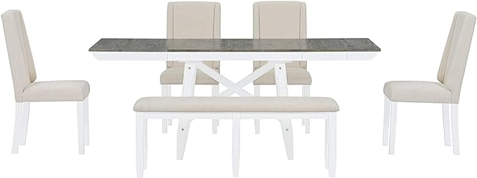 Classic Dining Table Set for 6 with 78" Extendable Rectangular Tabletop with Two 12" W Removable Leaves and 4 Upholstered Chairs & 1 Bench for Kitchen Living Room, Brown+White - LeafyLoom