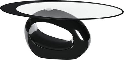 Fab Glass and Mirror Coffee High Gloss Base Modern Black Center Table with Oval Glass Top for Living Room, Offices, 25.5 X 43.5 - LeafyLoom