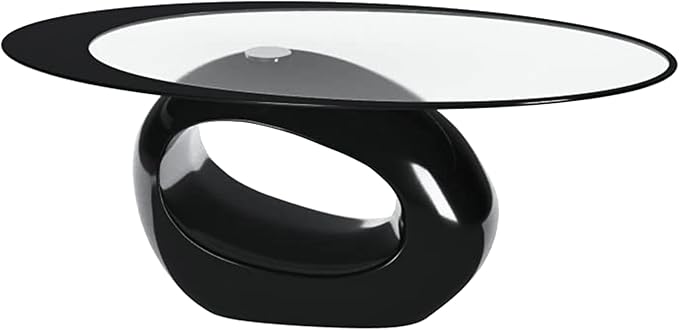 Fab Glass and Mirror Coffee High Gloss Base Modern Black Center Table with Oval Glass Top for Living Room, Offices, 25.5 X 43.5 - LeafyLoom