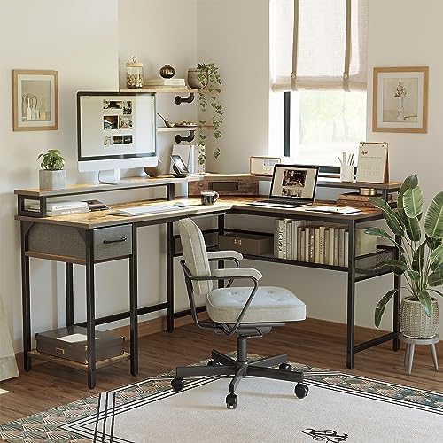 CubiCubi L Shaped Gaming Desk with LED Lights and Power Outlets, 58" Reversible Corner Computer Desk with Storage Shelves and Drawer, Home Office Desk with Monitor Stand, Rustic Brown - LeafyLoom