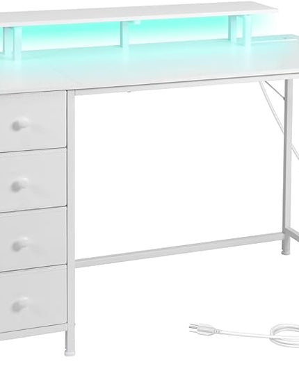 White Computer Desk with LED Light & Power Outlets, 47 Inch Gaming Desk with 4 Fabric Drawers, Office Desk with Monitor Stand, Work Writing Desk with Hooks for Home Office, Bedroom, HGD12WT - LeafyLoom