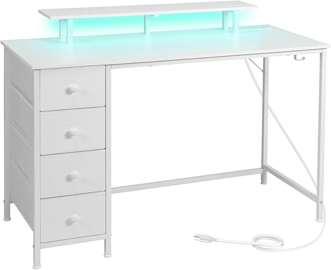 White Computer Desk with LED Light & Power Outlets, 55 Inch Gaming Desk with 4 Fabric Drawers, Office Desk with Monitor Stand, Work Writing Desk with Hooks for Home Office, Bedroom, HGD14WT - LeafyLoom