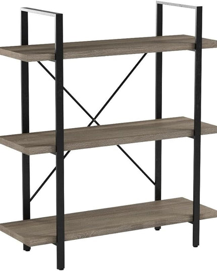 HSH 3-Shelf Bookcase, Rustic Gray 3 tier Bookshelf, Vintage Industrial Wooden and Metal Display and Storage Bookshelves Tower for Home Office Livingroom Bedroom Light Grey Oak - LeafyLoom
