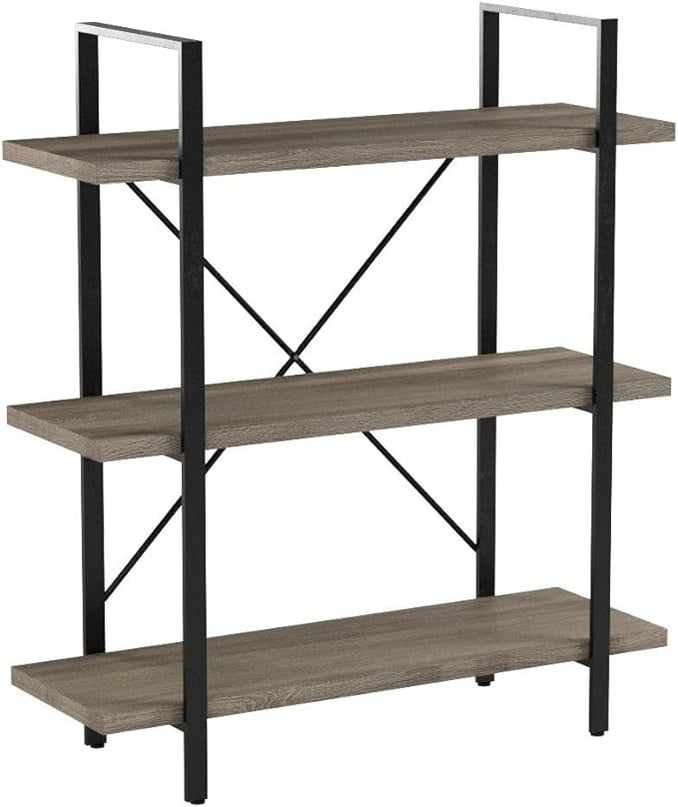 HSH 3-Shelf Bookcase, Rustic Gray 3 tier Bookshelf, Vintage Industrial Wooden and Metal Display and Storage Bookshelves Tower for Home Office Livingroom Bedroom Light Grey Oak - LeafyLoom