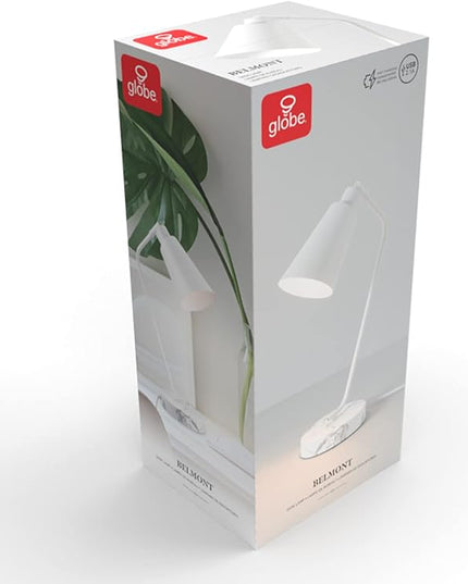Globe Electric 52295 Belmont 17" Desk Lamp, Matte White, White Faux Marble Base, 2.1A USB Port, On Off Rocker Switch at Base - LeafyLoom