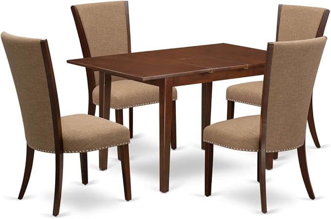 East West Furniture Norfolk 5 Piece Dining Set for 4 Includes a Rectangle Kitchen Table with Butterfly Leaf and 4 Light Sable Linen Fabric Parsons Chairs, 32x54 Inch, NFVE5-MAH-47 - LeafyLoom