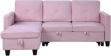 Reversible L Shaped Velvet Sectional Sofa Couch with Storage Chaise, Pull Out Sleeper Bed Removable Back Cushions for Living Room, Apartment, Small Space, Pink, 82.5 - LeafyLoom