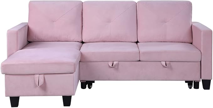 Reversible L Shaped Velvet Sectional Sofa Couch with Storage Chaise, Pull Out Sleeper Bed Removable Back Cushions for Living Room, Apartment, Small Space, Pink, 82.5 - LeafyLoom