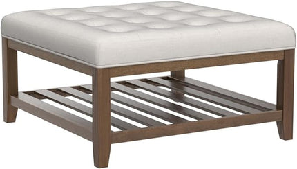 24KF Large Square Upholstered Tufted Linen Ottoman Coffee Table, Large Footrest Ottoman with Solid Wood Shelf-Ivory - LeafyLoom