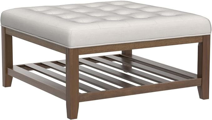 24KF Large Square Upholstered Tufted Linen Ottoman Coffee Table, Large Footrest Ottoman with Solid Wood Shelf-Ivory - LeafyLoom
