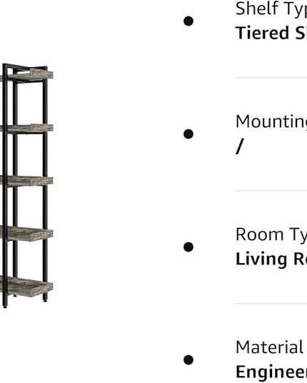 Rolanstar Book Shelf 5-Tier, 71.8’’H Tall Bookshelf for Home Office, Open Wood Display Shelves, Large Standing Bookcase with Metal for Living Room, Industrial Corner Bookshelf Grey - LeafyLoom