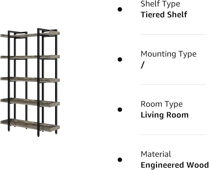 Rolanstar Book Shelf 5-Tier, 71.8’’H Tall Bookshelf for Home Office, Open Wood Display Shelves, Large Standing Bookcase with Metal for Living Room, Industrial Corner Bookshelf Grey - LeafyLoom