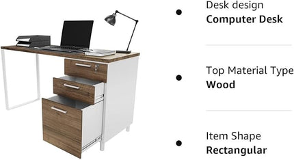 Milano Home Office Desk - 47Inch Cass walnut/white Home Office Desk with Drawers - Modern Computer Desk with Storage, Detachable & Lockable Computer Cabinet - Wooden Office, Study, and Writing Table - LeafyLoom