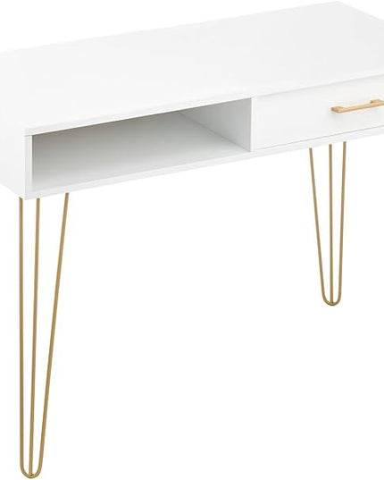 mDesign Metal/Wood Modern Computer Desk - Minimalist Desk and Computer Table with Drawer - Simple Desk with Storage Cubby and Hairpin Legs - Small Work Desk for Home Office, Study - White/Soft Brass - LeafyLoom