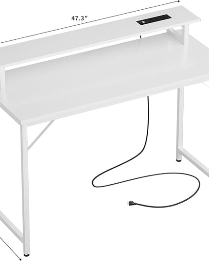 47 inch Computer Desk with Power Outlets, Gaming Desk with LED Lights, Home Office Work Desk with Monitor Shelf, Modern Office Desk Study Writing Table for Small Spaces, White - LeafyLoom