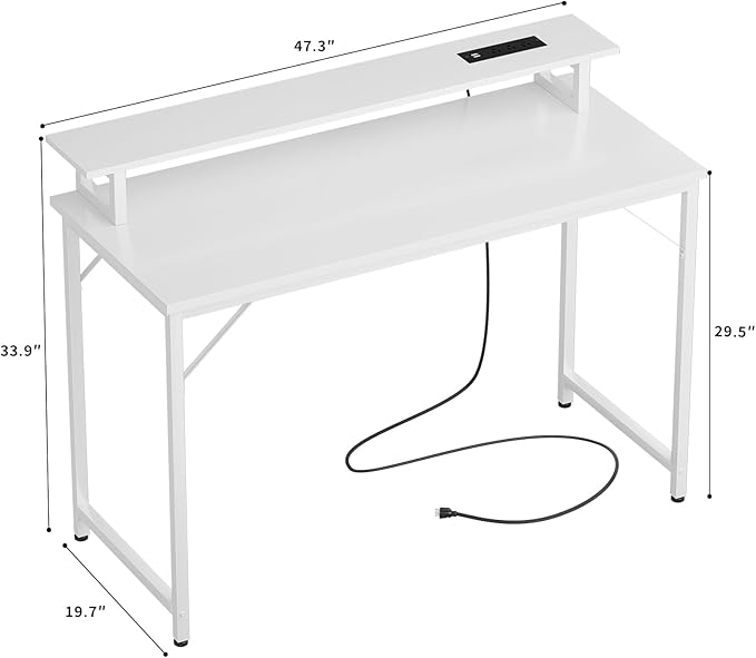 47 inch Computer Desk with Power Outlets, Gaming Desk with LED Lights, Home Office Work Desk with Monitor Shelf, Modern Office Desk Study Writing Table for Small Spaces, White - LeafyLoom